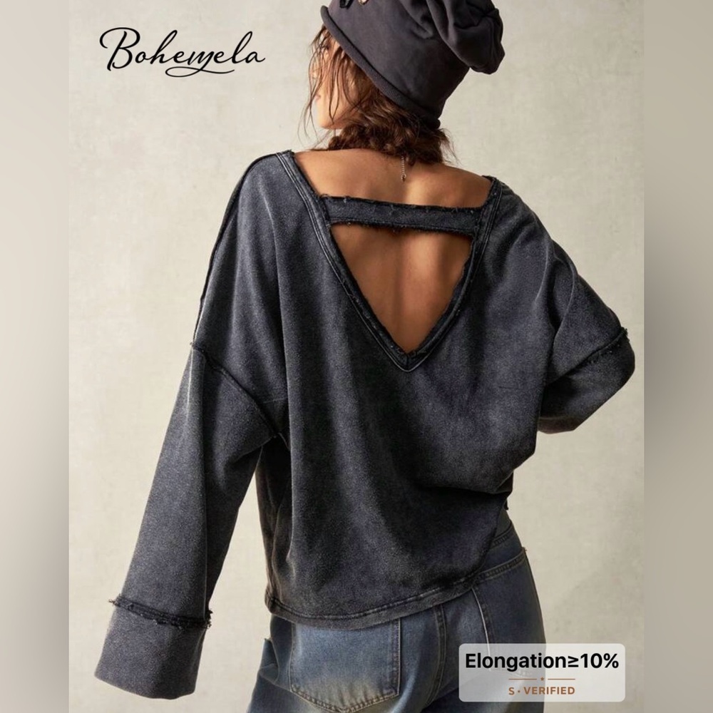 Bohemela V-Neck Backless Flare Sleeve Sweatshirt Washed Black Oversized Medium